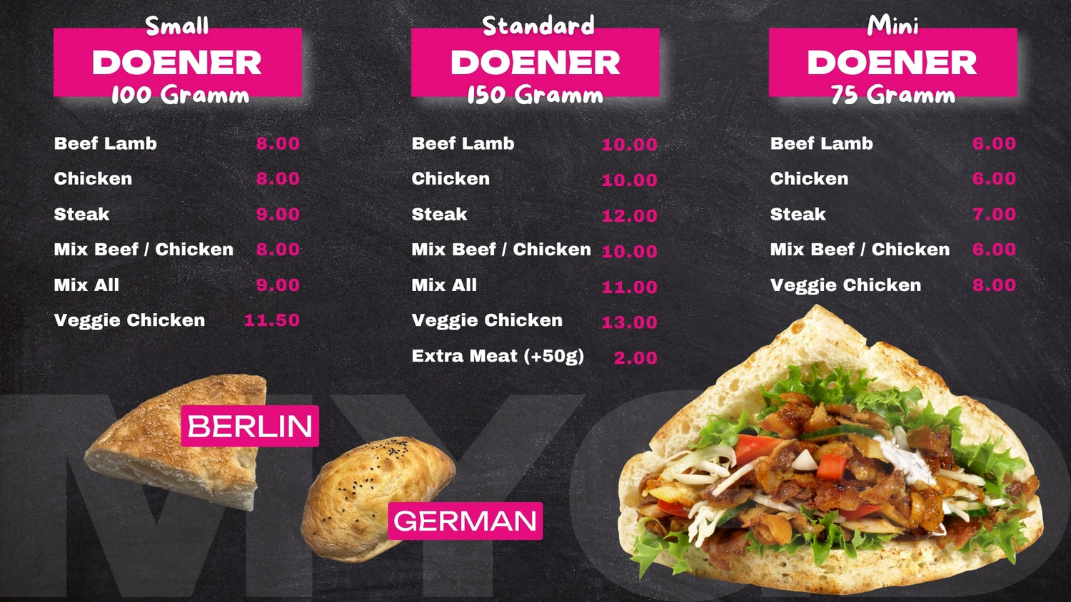 MYGD My German Doener menu board showing döner prices in euros across three sizes: Small (100g), Standard (150g), and Mini (75g). Options include Beef Lamb, Chicken, Steak, Mix Beef/Chicken, Mix All, and Veggie Chicken, ranging from €6 to €13, with extra meat for €2. Photos show Berlin-style flatbread, German bread, and a fully loaded döner with meat, salad, and sauce.