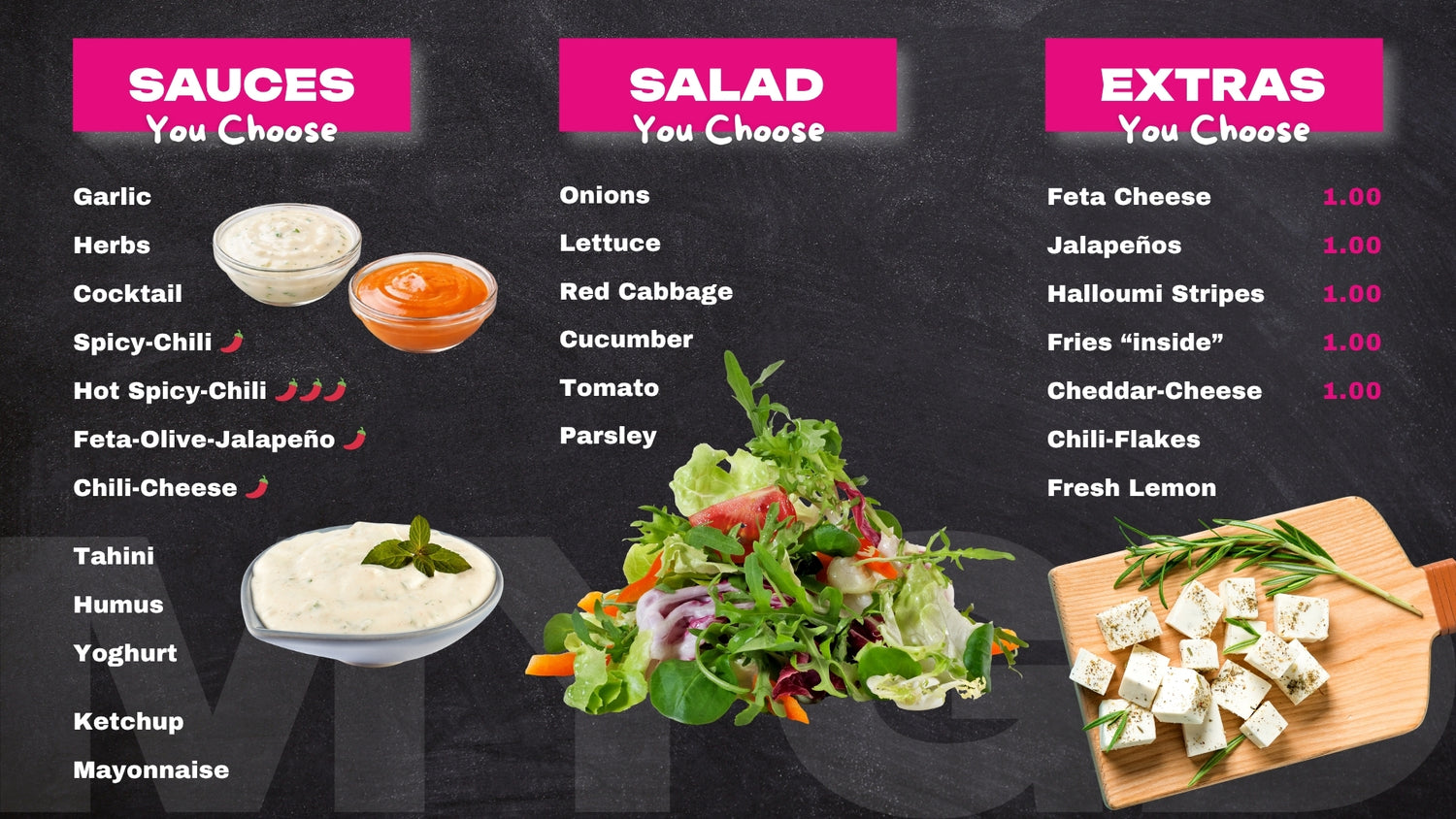 MyGermanDoener customization menu in Paphos, Cyprus — choose your sauces, salad and extras. Sauces include garlic, herbs, cocktail, spicy chili, hot spicy chili, feta-olive-jalapeño, chili-cheese, tahini, humus, yoghurt, ketchup, and mayonnaise. Salad options: onions, lettuce, red cabbage, cucumber, tomato, and parsley. Extras at €1 each include feta cheese, jalapeños, halloumi stripes, fries inside, and cheddar cheese, plus free chili flakes and fresh lemon. Photos show dips, a fresh mixed salad, and herbe